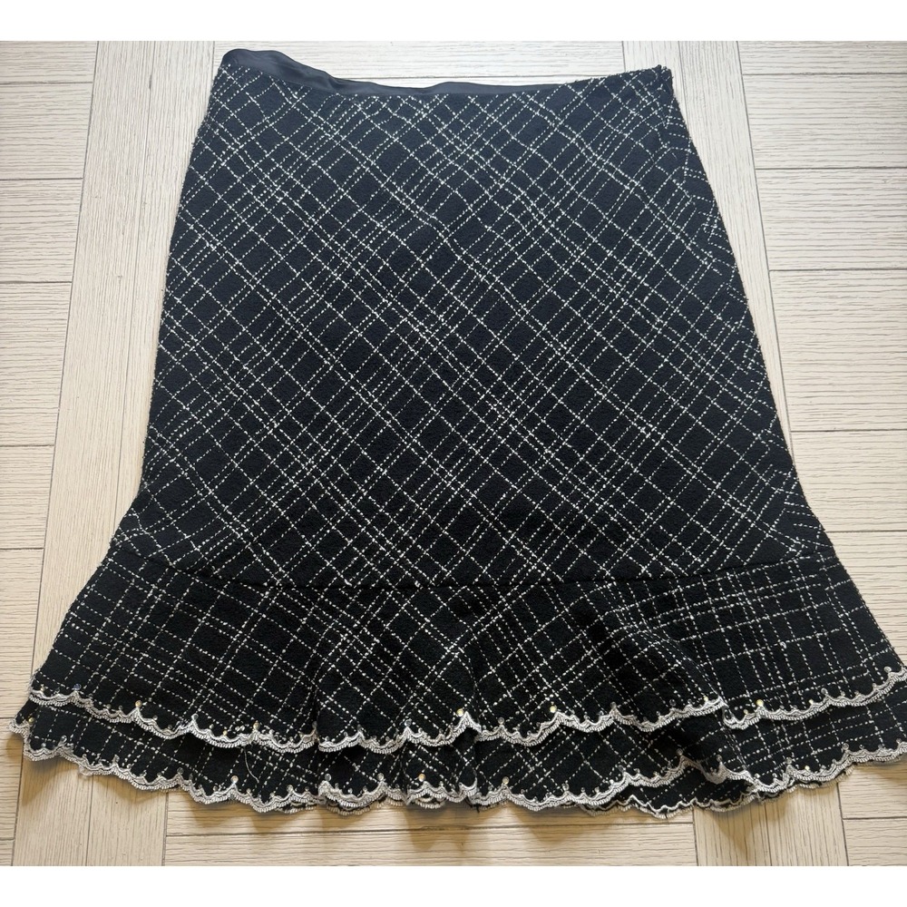 Vision Apparel Vintage Silk Blend Blk & Wht Knee Length Skirt W/ Ruffle Hem Sz 8